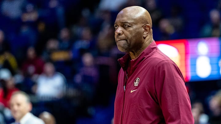 Dec 3, 2024; Baton Rouge, Louisiana, USA;  Florida State Seminoles head coach Leonard Hamilton looks on against the LSU Tigers during the first half at Pete Maravich Assembly Center. Mandatory Credit: Stephen Lew-Imagn Images