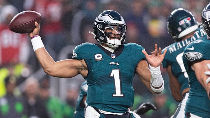 Dec 3, 2023; Philadelphia, Pennsylvania, USA; Philadelphia Eagles quarterback Jalen Hurts (1) passes