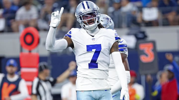 Oct 23, 2022; Arlington, Texas, USA;  Dallas Cowboys cornerback Trevon Diggs (7) reacts during the