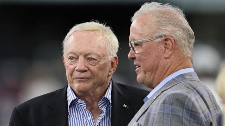 Aug 21, 2021; Arlington, Texas, USA;  Dallasy Cowboys owner Jerry Jones with son Stephen Jones