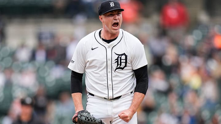 Detroit Tigers pitcher Tarik Skubal (29) celebrates after striking out Tampa Bay Rays left fielder Christopher Morel (24) during the seventh inning at Comerica Park in Detroit on Tuesday, Sept. 24, 2024.
