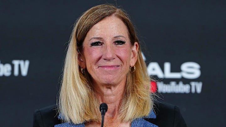 Oct 3, 2025; Las Vegas, Nevada, USA; WNBA Commissioner Cathy Engelbert talks during a presser before the start of game one of the 2025 WNBA Finals between the Phoenix Mercury and the Las Vegas Aces at Michelob Ultra Arena. Mandatory Credit: Stephen R. Sylvanie-Imagn Images