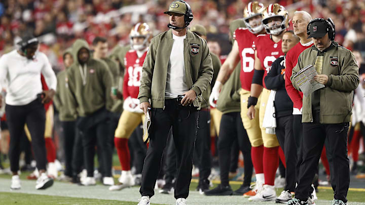 Nov 24, 2025; Santa Clara, California, USA; San Francisco 49ers head coach Kyle Shanahan during the second half at Levi's Stadium. Mandatory Credit: Kelley L Cox-Imagn Images