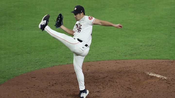 Sep 19, 2024; Houston, Texas, USA;   Houston Astros starting pitcher Yusei Kikuchi (16) pitches against the Los Angeles Angels in the fifth inning at Minute Maid Park.