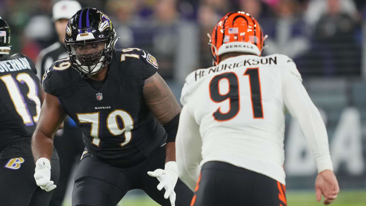 Oct 9, 2022; Baltimore, Maryland, USA; Baltimore Ravens tackle Ronnie Stanley (79) blocks Cincinnati Bengals defensive end Trey Hendricksen (91 in the first quarter at M&T Bank Stadium. Mandatory Credit: Mitch Stringer-USA TODAY Sports