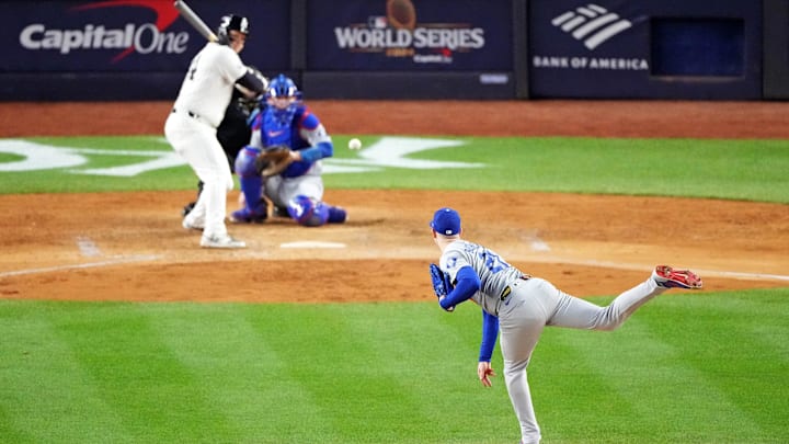 Oct 28, 2024; New York, New York, USA; Los Angeles Dodgers pitcher Walker Buehler (21) pitches during the fifth inning against the New York Yankees in game three of the 2024 MLB World Series at Yankee Stadium. Mandatory Credit: Robert Deutsch-Imagn Images