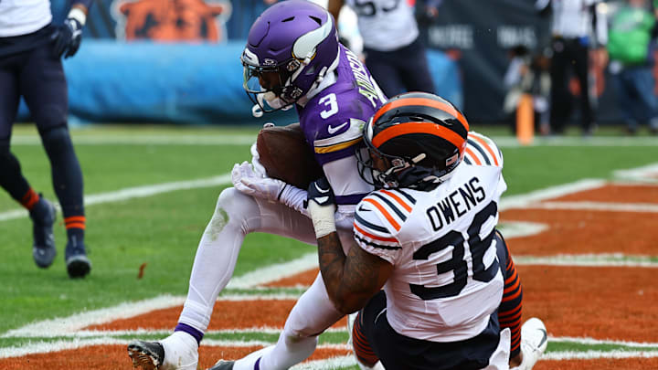 Vikings receiver Jordan Addison catches a touchdown pass against Bears safety Jonathan Owens during Minnesota's 30-27 OT win. Vikings receiver Jordan Addison catches a touchdown pass against Bears safety Jonathan Owens during Minnesota's 30-27 OT win.