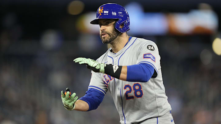 Sep 9, 2024; Toronto, Ontario, CAN; New York Mets designated hitter J.D. Martinez (28) reacts after his one run single against the Toronto Blue Jays during the fourth inning at Rogers Centre. Mandatory Credit: John E. Sokolowski-Imagn Images Sep 9, 2024; Toronto, Ontario, CAN; New York Mets designated hitter J.D. Martinez (28) reacts after his one run single against the Toronto Blue Jays during the fourth inning at Rogers Centre. Mandatory Credit: John E. Sokolowski-Imagn Images