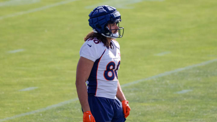 Jul 28, 2023; Englewood, CO, USA; Denver Broncos tight end Greg Dulcich (80) during training camp at Centura Health Training Center. Mandatory Credit: Isaiah J. Downing-USA TODAY Sports