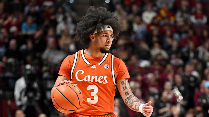 Feb 24, 2026; Tallahassee, Florida, USA; Miami Hurricanes guard Tre Donaldson (3) during the first half against the Florida State Seminoles at Donald L. Tucker Center. Mandatory Credit: Melina Myers-Imagn Images Feb 24, 2026; Tallahassee, Florida, USA; Miami Hurricanes guard Tre Donaldson (3) during the first half against the Florida State Seminoles at Donald L. Tucker Center. Mandatory Credit: Melina Myers-Imagn Images