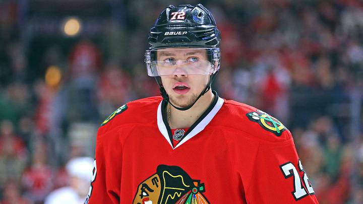 Mar 3, 2017; Chicago, IL, USA; Chicago Blackhawks left wing Artemi Panarin (72) looks on during the first period against the New York Islanders at the United Center. Mandatory Credit: Dennis Wierzbicki-USA TODAY Sports
