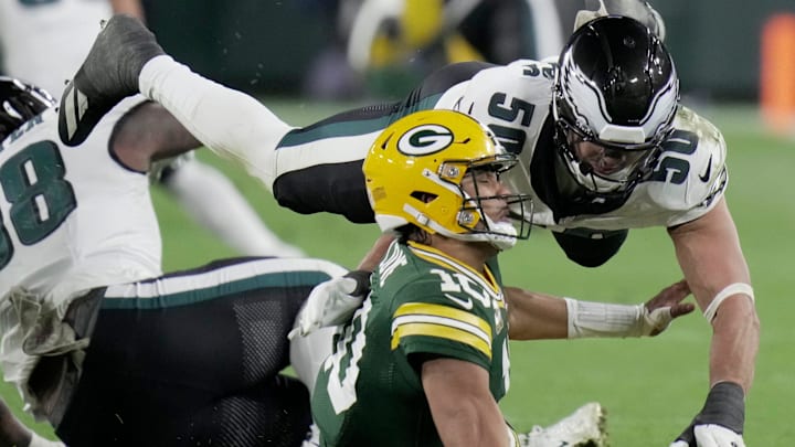 Philadelphia Eagles linebacker Jaelan Phillips (50) pressures Green Bay Packers quarterback Jordan Love (10) during the fourth quarter of their game Monday, November 10, 2025 at Lambeau Field in Green Bay, Wisconsin.