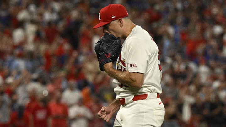 Jul 13, 2024; St. Louis, Missouri, USA; St. Louis Cardinals relief pitcher Ryan Helsley (56) reacts after defeating the Chicago Cubs at Busch Stadium. Mandatory Credit: Jeff Le-Imagn Images Jul 13, 2024; St. Louis, Missouri, USA; St. Louis Cardinals relief pitcher Ryan Helsley (56) reacts after defeating the Chicago Cubs at Busch Stadium. Mandatory Credit: Jeff Le-Imagn Images