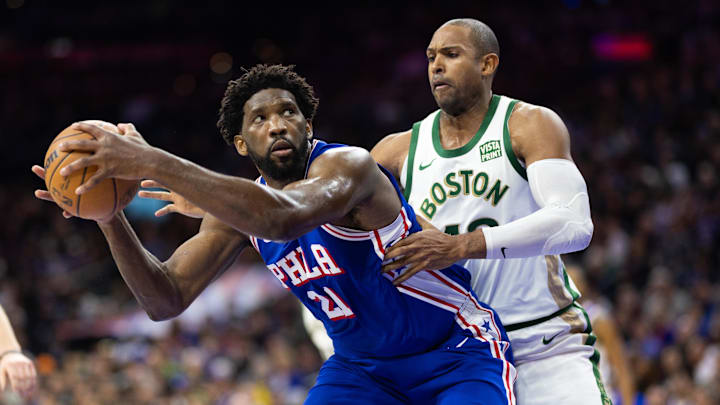 Nov 15, 2023; Philadelphia, Pennsylvania, USA; Philadelphia 76ers center Joel Embiid (21) controls the ball against Boston Celtics center Al Horford (42) during the third quarter at Wells Fargo Center. Mandatory Credit: Bill Streicher-Imagn Images