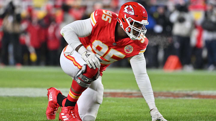 Dec 7, 2025; Kansas City, Missouri, USA; Kansas City Chiefs defensive tackle Chris Jones (95) lines up for the snap during the second quarter against the Houston Texans at GEHA Field at Arrowhead Stadium. Mandatory Credit: Amy Kontras-Imagn Images
