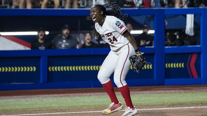 Jun 5, 2025; Oklahoma City, OK, USA; Texas Tech Red Raiders pitcher NiJaree Canady (24) reacts after her team defeats the Texas Longhorns in a NCAA Softball Women's College World Series finals at Devon Park. Mandatory Credit: Brett Rojo-Imagn Images Jun 5, 2025; Oklahoma City, OK, USA; Texas Tech Red Raiders pitcher NiJaree Canady (24) reacts after her team defeats the Texas Longhorns in a NCAA Softball Women's College World Series finals at Devon Park. Mandatory Credit: Brett Rojo-Imagn Images