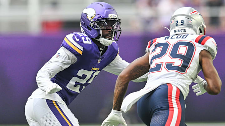 Aug 16, 2025; Minneapolis, Minnesota, USA; Minnesota Vikings cornerback Dwight McGlothern (29) covers New England Patriots wide receiver Jeremiah Webb (29) during the fourth quarter at U.S. Bank Stadium.