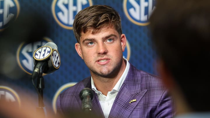 Jul 16, 2025; Atlanta, GA, USA; LSU Tigers quarterback Garret Nussmeier answers media questions during SEC Media Day at Omni Atlanta Hotel. Mandatory Credit: Jordan Godfree-Imagn Images