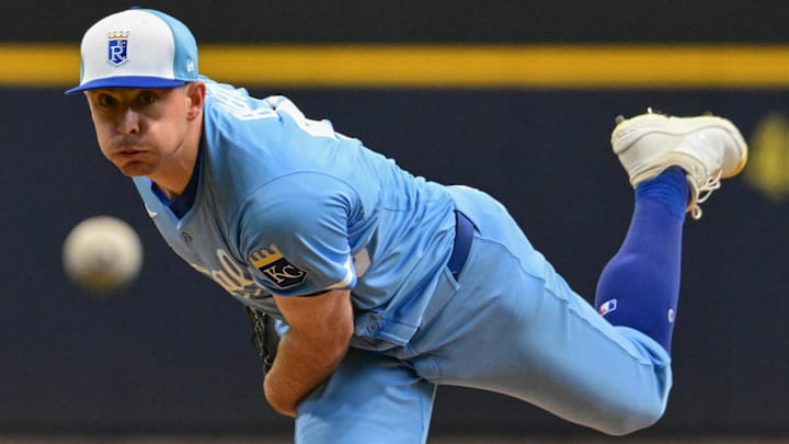 Mar 31, 2025; Milwaukee, Wisconsin, USA; Kansas City Royals starting pitcher Kris Bubic (50) pitches in the first inning against the Milwaukee Brewers at American Family Field. Mandatory Credit: Benny Sieu-Imagn Images