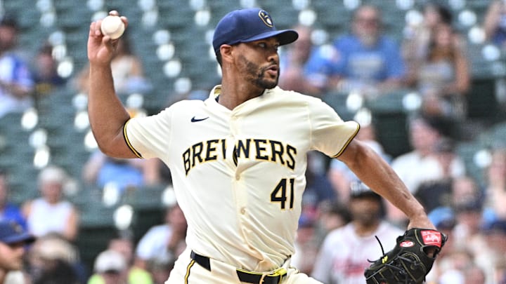 Jul 30, 2024; Milwaukee, Wisconsin, USA; Milwaukee Brewers starting pitcher Joe Ross (41) delivers a pitch against the Atlanta Braves in the first inning at American Family Field Jul 30, 2024; Milwaukee, Wisconsin, USA; Milwaukee Brewers starting pitcher Joe Ross (41) delivers a pitch against the Atlanta Braves in the first inning at American Family Field