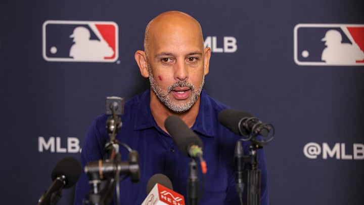Dec 9, 2025; Orlando, FL, USA; Boston Red Sox manager Alex Cora speaks with the media during the 2025 MLB Winter Meetings at Signia by Hilton Hotel. Mandatory Credit: Mike Watters-Imagn Images