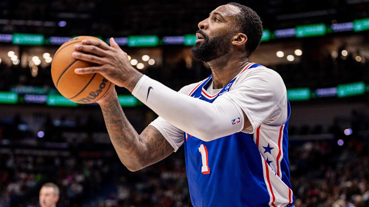 Feb 21, 2026; New Orleans, Louisiana, USA;  Philadelphia 76ers center Andre Drummond (1) shoots a three point basket against the New Orleans Pelicans during the first half at Smoothie King Center. Mandatory Credit: Stephen Lew-Imagn Images