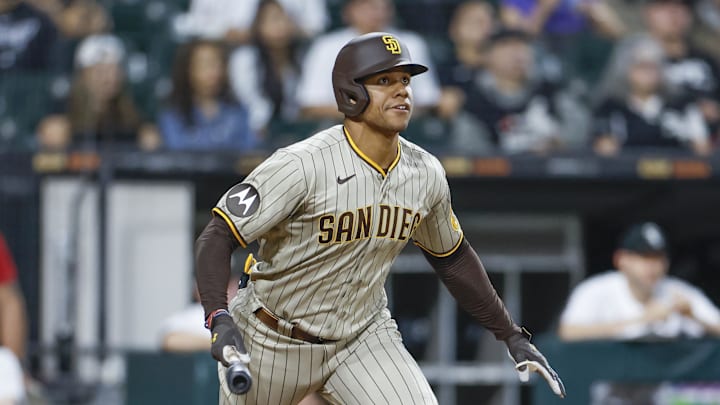 San Diego Padres left fielder Juan Soto (22) watches his RBI-double against the Chicago White Sox during the second inning at Guaranteed Rate Field in 2023. San Diego Padres left fielder Juan Soto (22) watches his RBI-double against the Chicago White Sox during the second inning at Guaranteed Rate Field in 2023.