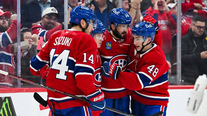 Montreal Canadiens left wing Chris Kreider (22) celebrates with his teammates his goal against the San Jose Sharks during the second period at Bell Centre. Mandatory Credit: David Kirouac-Imagn Images Montreal Canadiens left wing Chris Kreider (22) celebrates with his teammates his goal against the San Jose Sharks during the second period at Bell Centre. Mandatory Credit: David Kirouac-Imagn Images
