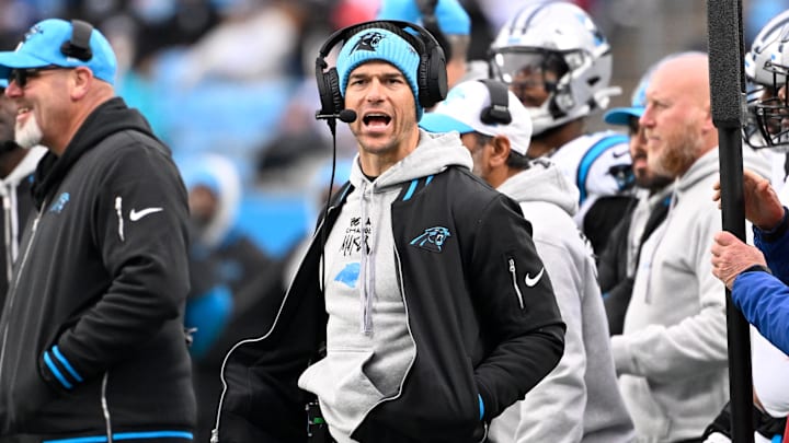 Dec 15, 2024; Charlotte, North Carolina, USA; Carolina Panthers head coach Dave Canales reacts in the fourth quarter at Bank of America Stadium. Mandatory Credit: Bob Donnan-Imagn Images