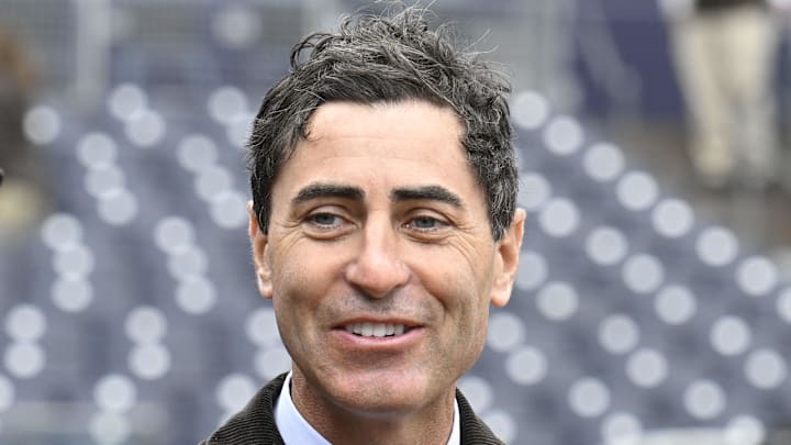 Mar 27, 2025; San Diego, California, USA; San Diego Padres general manager A.J. Preller looks on before an Opening Day baseball game between the San Diego Padres and the Atlanta Braves at Petco Park. Mandatory Credit: Denis Poroy-Imagn Images

