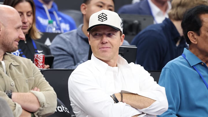 Nov 21, 2025; Salt Lake City, Utah, USA; Utah Jazz owner and BYU Cougars alumni Ryan smith watches the game between the BYU Cougars and the Wisconsin Badgers during the second half at Delta Center. Mandatory Credit: Rob Gray-Imagn Images