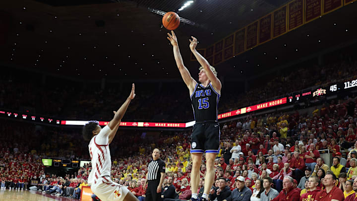 Richie Saunders launches a jumper from 3-point land against the Iowa State Cyclones