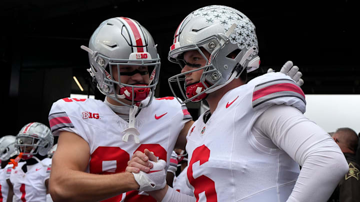 Oct. 14, 2023; Lafayette, In., USA; 
Ohio State Buckeyes wide receiver David Adolph (82) and Ohio
