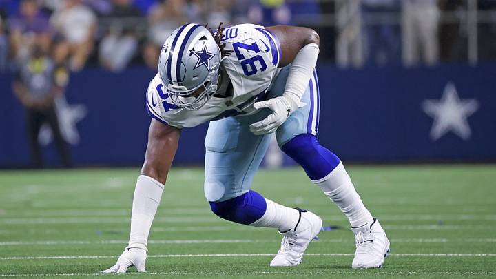 Sep 27, 2021; Arlington, Texas, USA;  Dallas Cowboys defensive tackle Osa Odighizuwa (97) in action during the game against the Philadelphia Eagles at AT&T Stadium. Mandatory Credit: Kevin Jairaj-Imagn Images