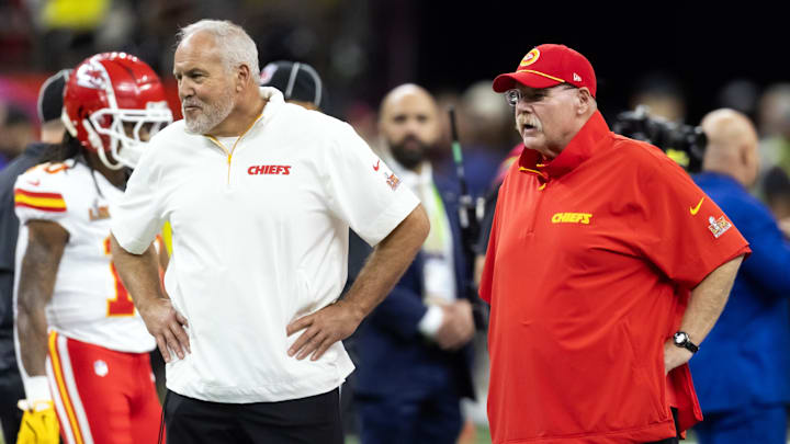 Feb 9, 2025; New Orleans, LA, USA;  Kansas City Chiefs special teams coordinator Dave Toub (left) with head coach Andy Reid against the Philadelphia Eagles in Super Bowl LIX at Ceasars Superdome. Mandatory Credit: Mark J. Rebilas-Imagn Images