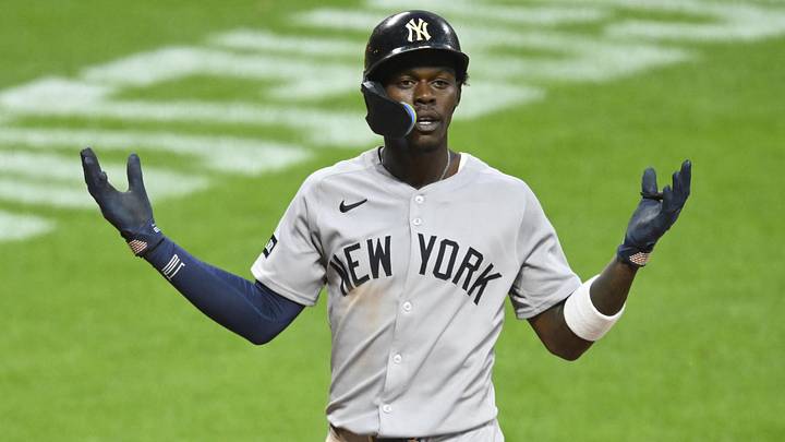 Jun 9, 2026: New York Yankees second baseman Jazz Chisholm Jr. (13) reacts after hitting a solo home run in the eighth inning against the Cleveland Guardians at Progressive Field. 