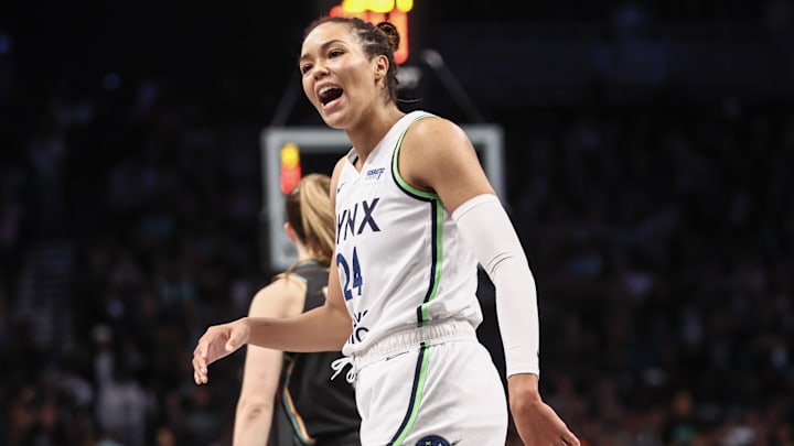 Oct 20, 2024; Brooklyn, New York, USA; Minnesota Lynx forward Napheesa Collier (24) argues with an official after being called for traveling in the second quarter against the New York Liberty during game five of the 2024 WNBA Finals at Barclays Center. Mandatory Credit: Wendell Cruz-Imagn Images Oct 20, 2024; Brooklyn, New York, USA; Minnesota Lynx forward Napheesa Collier (24) argues with an official after being called for traveling in the second quarter against the New York Liberty during game five of the 2024 WNBA Finals at Barclays Center. Mandatory Credit: Wendell Cruz-Imagn Images