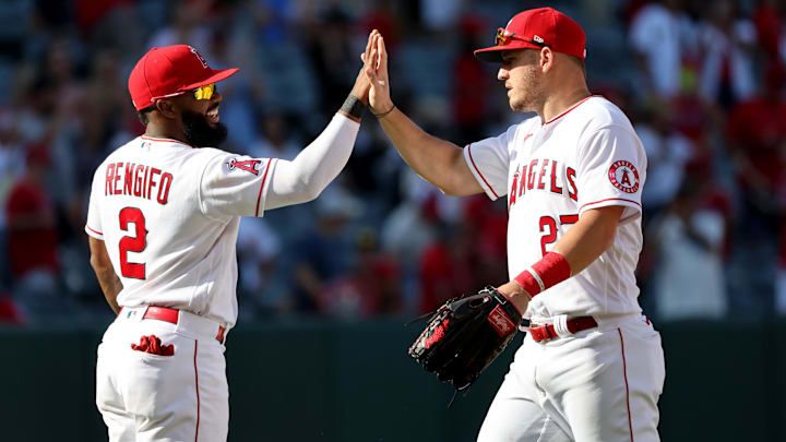Oct 2, 2022; Anaheim, California, USA; Los Angeles Angels third baseman Luis Rengifo (2) and center