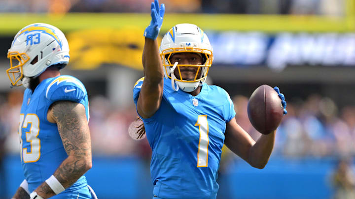 Oct 5, 2025; Inglewood, California, USA; Los Angeles Chargers wide receiver Quentin Johnston (1) reacts in the first half against the Washington Commanders at SoFi Stadium. 