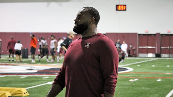 FSU offensive line coach Alex Atkins at a Tour of Duty conditioning workout on Feb. 13, 2020.

Img
