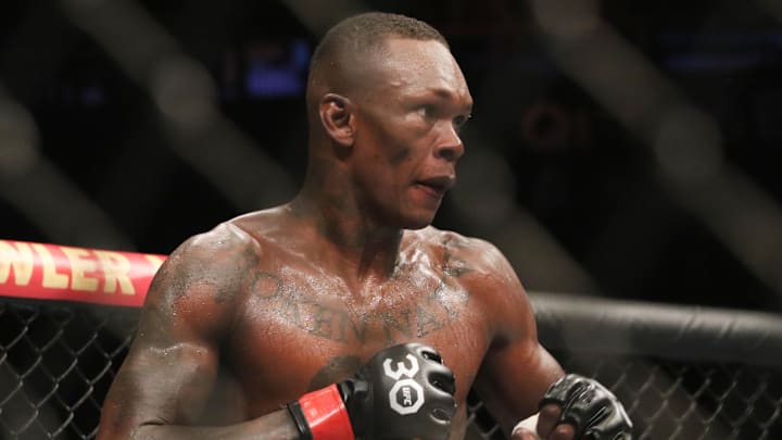 Sep 9, 2023; Sydney, NSW, AUSTRALIA; Israel Adesanya reacts during his fight with Sean Strickland