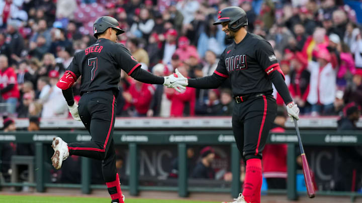 Cincinnati Reds infielders Spencer Steer, Christian Encarnacion-Strand