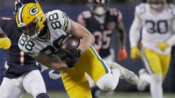 Green Bay Packers tight end Luke Musgrave (88) makes catch during the third quarter of their game Saturday, December 20, 2025 at Soldier Field in Chicago, Illinois. The Chicago Bears beat the Green Bay Packers 22-16 in overtime.