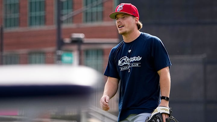 Columbus Clippers’s Travis Bazzana reacts during practice at Huntington Park on Wednesday, March 25, 2026 in Columbus, Ohio.