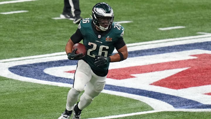 Feb 9, 2025; New Orleans, LA, USA; Philadelphia Eagles running back Saquon Barkley (26) rushes the ball against the Kansas City Chiefs during the third quarter in Super Bowl LIX  at Caesars Superdome. Mandatory Credit: Kirby Lee-Imagn Images