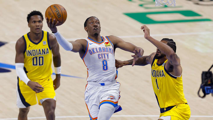 Jun 16, 2025; Oklahoma City, Oklahoma, USA; Oklahoma City Thunder forward Jalen Williams (8) drives to the basket past Indiana Pacers forward Obi Toppin (1) in the first quarter during game five of the 2025 NBA Finals at Paycom Center. Mandatory Credit: Alonzo Adams-Imagn Images Jun 16, 2025; Oklahoma City, Oklahoma, USA; Oklahoma City Thunder forward Jalen Williams (8) drives to the basket past Indiana Pacers forward Obi Toppin (1) in the first quarter during game five of the 2025 NBA Finals at Paycom Center. Mandatory Credit: Alonzo Adams-Imagn Images
