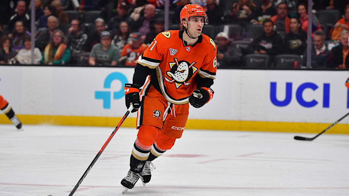 Apr 7, 2025; Anaheim, California, USA; Anaheim Ducks left wing Cutter Gauthier (61) in action against the Edmonton Oilers during the second period at Honda Center. Mandatory Credit: Gary A. Vasquez-Imagn Images