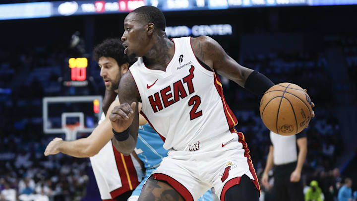 Oct 26, 2024; Charlotte, North Carolina, USA; Miami Heat guard Terry Rozier (2) drives the baseline against the Charlotte Hornets during the first quarter at Spectrum Center. Mandatory Credit: Nell Redmond-Imagn Images
