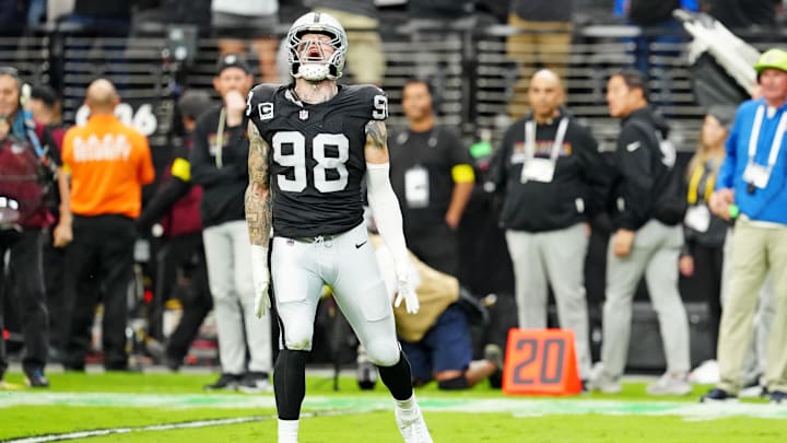 Oct 12, 2025; Paradise, Nevada, USA; Las Vegas Raiders defensive end Maxx Crosby (98) reacts after a play during the second half against the Tennessee Titans at Allegiant Stadium. Mandatory Credit: Stephen R. Sylvanie-Imagn Images