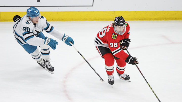 Mar 17, 2024; Chicago, Illinois, USA; Chicago Blackhawks center Connor Bedard (98) controls the puck